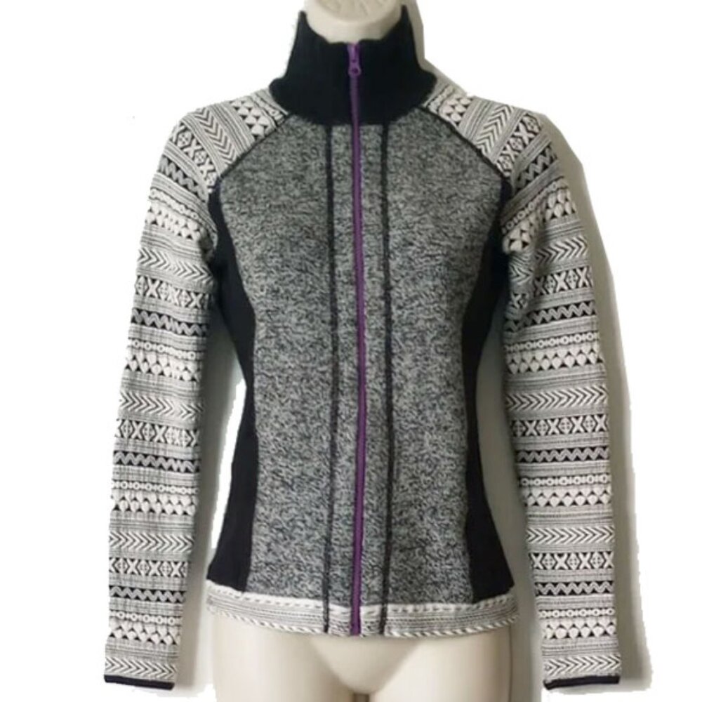 Title Nin Fair Isle Merino Blend Full Zip Cardigan Sweater XS Black Gray